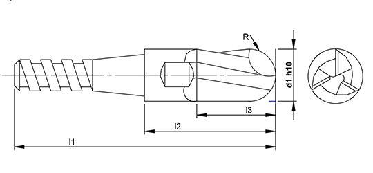 3 Flute Replaceable Head Ballnose Endmill  schematic drawing