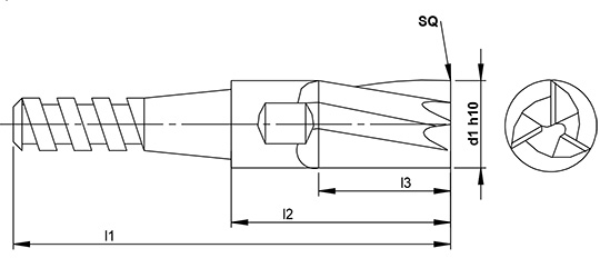 3 Flute Replaceable Head Square Endmill schematic drawing