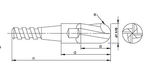 4 Flute Replaceable Head Ballnose Endmill  schematic drawing