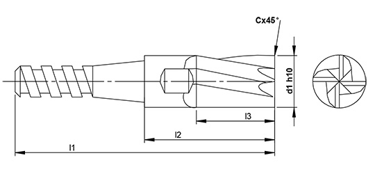 4 Flute Replaceable Head Chamfer Endmill schematic drawing