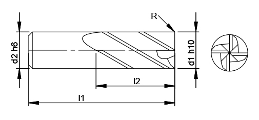UHP 4 Flute Radius Endmill schematic drawing