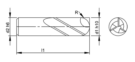 Universal 3 Flute Ballnose Endmill  schematic drawing